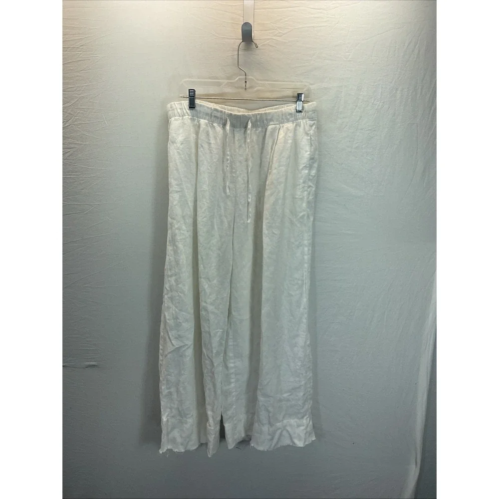 Zara White Wide Leg Linen Pants Women's Size XL Flowy Raw Hem Beach Resort Sheer